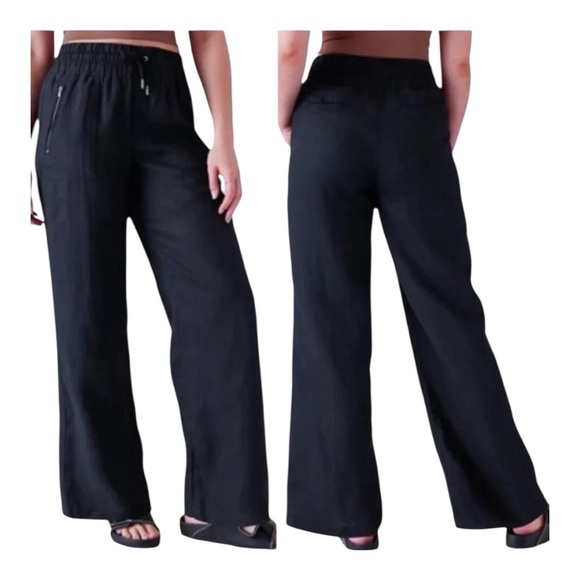 ATHLETA Cabo Pure Linen Wide Leg Drawstring Pant 14p Black VGC - Picture 1 of 9